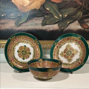 Andrea By Sadek Green and Gold Royal Three Piece Hollywood Regency